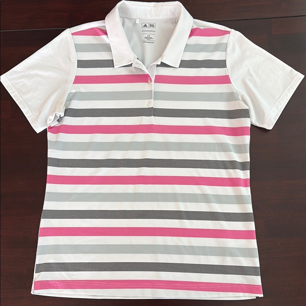 Adidas Women's Striped Polo Shirt - Pink, Gray, and White